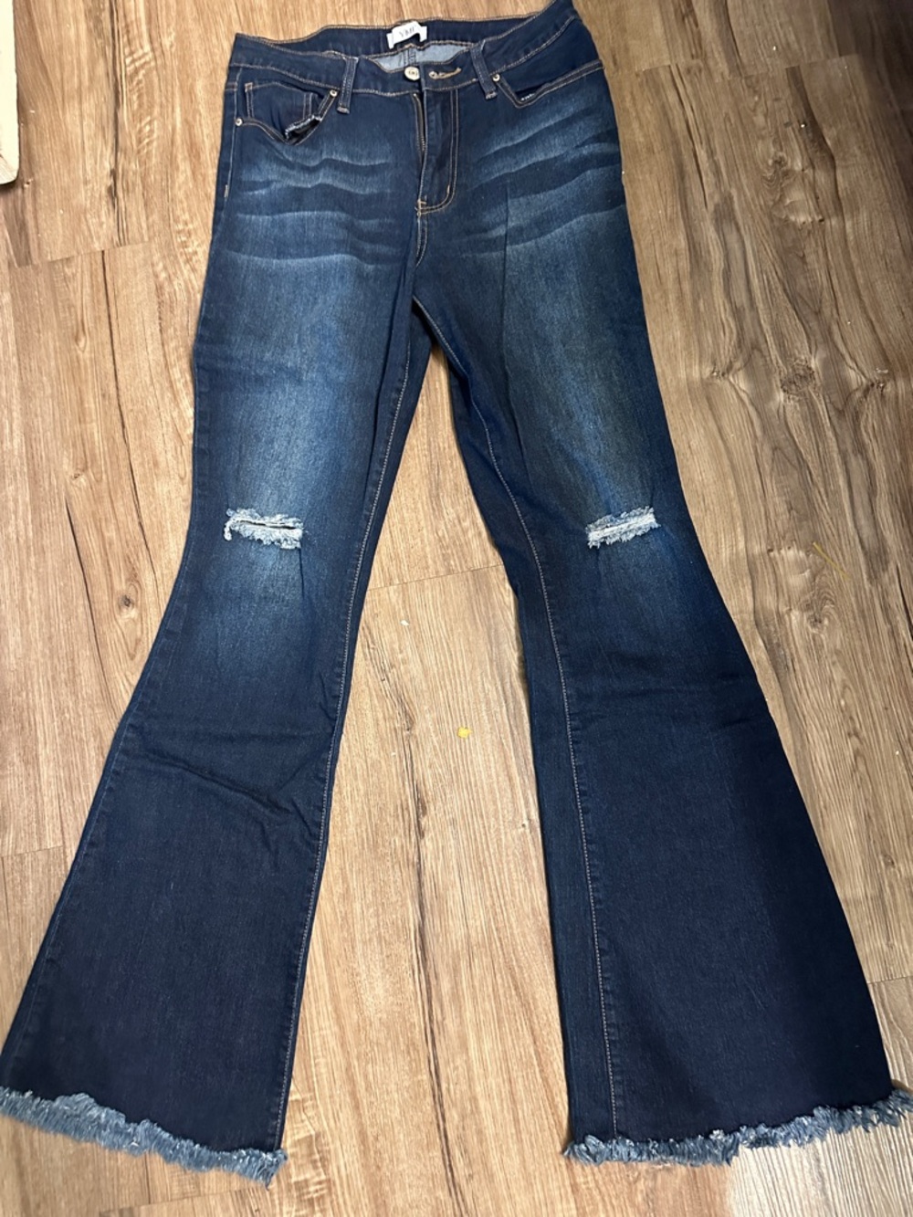 Dark Blue Distressed Flare Jeans - Women